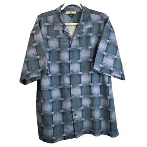 Tommy Bahama Shirt Mens Sz L Blue Green Geometric Plaid 100% Silk Camp Short SL